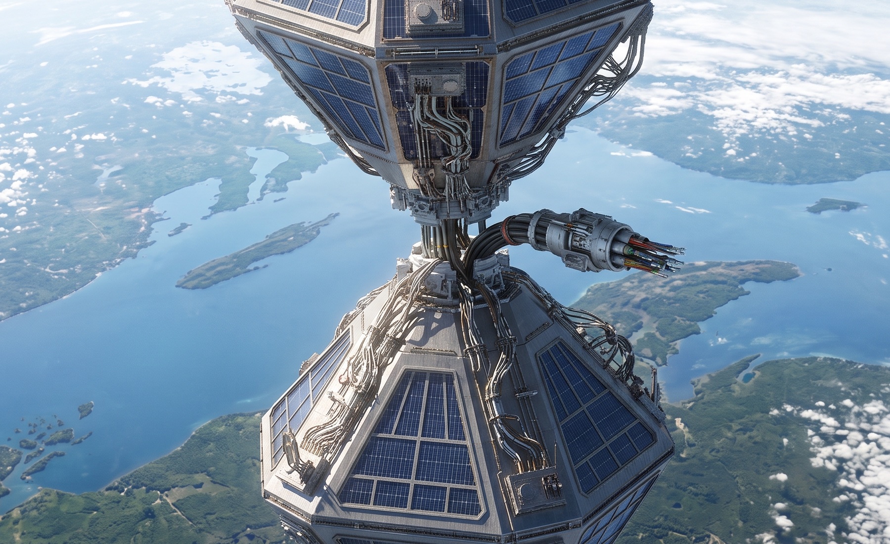 Two diamond solar Generators stacked vertex-to-vertex in low Earth orbit